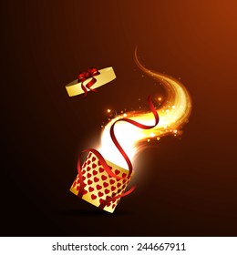 Open gift box with bright rays of light, sparkles and hearts.