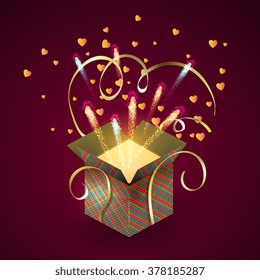Open gift box with bright rays of light and flying hearts