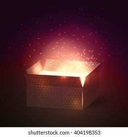 Open gift box with bright rays of light. vector illustration. Closed glowing Magic box with fireworks from light on dark background. Present, Christmas. Bright, burst, celebration,color.