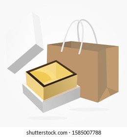 Open gift box and Brown paper bag on white background. Christmas and New Year's gift concept.