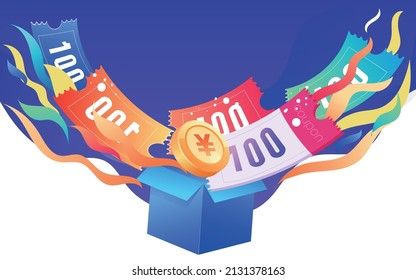 Open gift box with a bunch of coupons, internet finance business, vector illustration