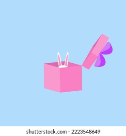 Open gift box with bunny ears. Cute colorful design for Happy birthday, greeting card, postcard, banner. Bright cool vector illustration