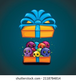 Open gift box with cartoon vector skull. Illustration in Halloween style