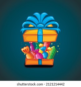 Open gift box with cartoon vector candy. Cute holiday illustration