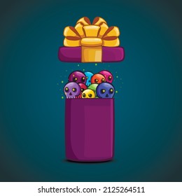 Open gift box with cartoon vector skull. Illustration in Halloween style
