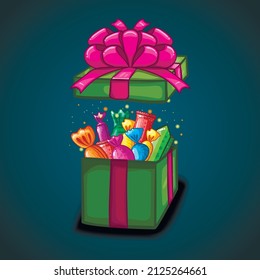 Abrir caja de regalo con caricatura vectorial. Ilustración de vacaciones de corte