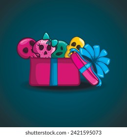Open gift box with cartoon vector skull. Illustration in Halloween style