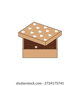 Caixa de presente aberta de chocolates com padrão de coração branco na tampa vetor ícone de ilustração no estilo de desenho animado plano isolado