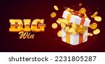 Open gift box with coin explosion. Big win concept. Vector illustration