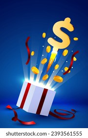 Open gift box with coin explosion. Big win concept. Vector illustration