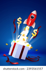 Open gift box with coin explosion and launching rocket. Big win concept. Vector illustration