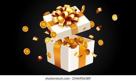 Open gift box with coin explosion. Big win concept. Vector illustration
