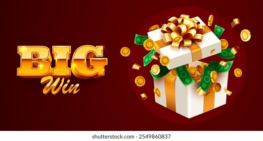 Open gift box with coin explosion. Big win concept. Vector illustration