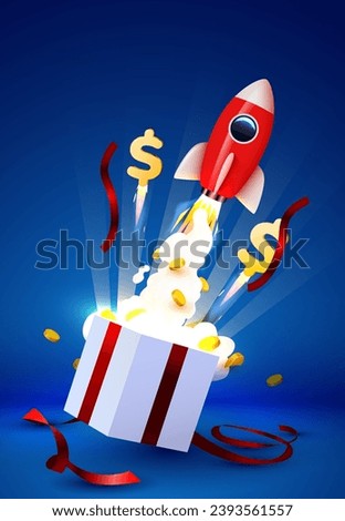Open gift box with coin explosion and launching rocket. Big win concept. Vector illustration