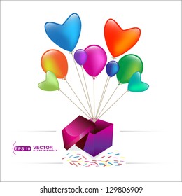 Open gift box with colored balloons over white background. Celebration, party greeting card presentation.