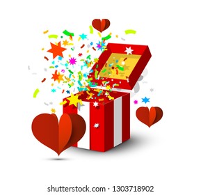 Open Gift Box with Colorful Confetti and Paper Cut Red Hearts Isolated on White Background