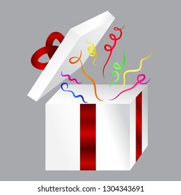 Open gift box with colorful confetti and red ribbon, vector illustration.