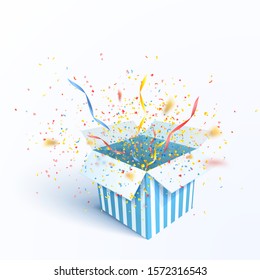 Open gift box with confetti burst explosion isolated. 3d vector background.