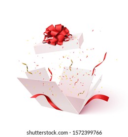 Open Gift Box With Confetti Burst Explosion Isolated. 3d Vector Background.