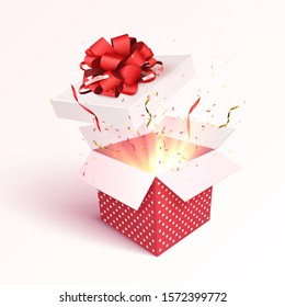 Open gift box with confetti burst explosion isolated. 3d vector background.