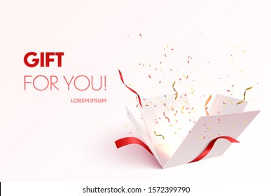 Open Gift Box With Confetti Burst Explosion Isolated. 3d Vector Background.