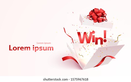 Open gift box with confetti burst explosion isolated. Winner 3d vector background. 