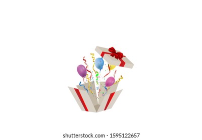 Open gift box with confetti burst explosion isolated. 3d vector background.
