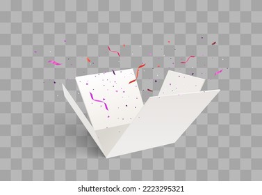 Open gift box with confetti burst explosion isolated. 3d vector background.