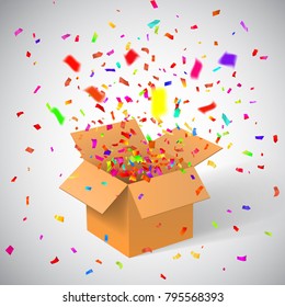 Open Gift Box and Confetti. Christmas Background. Vector Illustration.