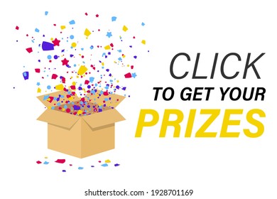 Open Gift Box with confetti explosion inside. Christmas Background. Enter to Win Prizes with gift box. Click to get your prizes. Confetti Flying from gift box. Giveaway for promo in social network