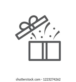 Open gift box with confetti and flying cover - surprise concept in pixel perfect thin line icon with editable stroke. Isolated wrapped and decorated present package for congratulation or promotion.