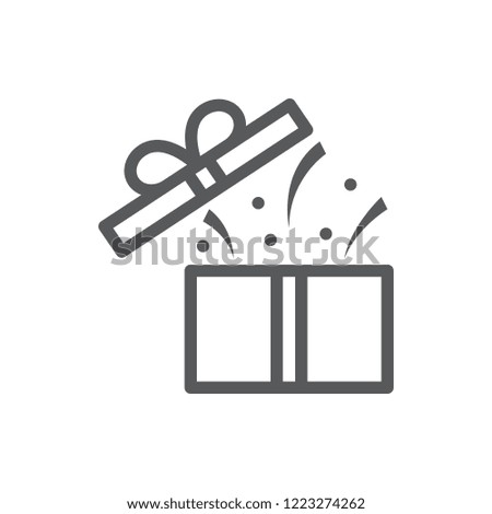 Open gift box with confetti and flying cover - surprise concept in pixel perfect thin line icon with editable stroke. Isolated wrapped and decorated present package for congratulation or promotion.