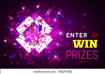 Open Gift Box and Confetti on pink background. Enter to Win Prizes. Vector Illustration.