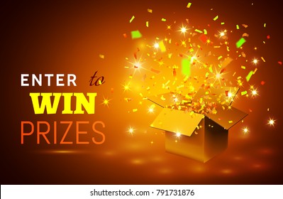 Open Gift Box And Confetti On Yellow Background. Enter To Win Prizes. Vector Illustration.