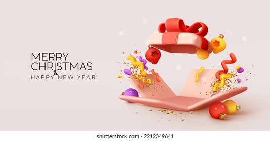 Open gift box with confetti realistic 3d design. Merry Christmas and Happy New Year. Background with festive beige open gift surprise. Xmas sale present. Holiday decorative boxes. Vector illustration