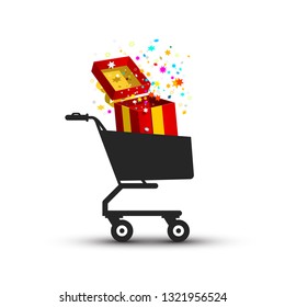 Open Gift Box Confetti in Shopping Cart 