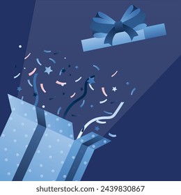 Open gift box with confetti, stars. Holiday or birthday celebration. Holidays with gifts and discounts. Greeting card. Banner in trendy blue colors. Template for print, web. Flat vector illustration