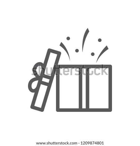 Open gift box with confetti - surprise concept in pixel perfect thin line icon with editable stroke. Isolated wrapped and decorated present package for congratulation or promotion.