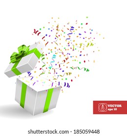 Open Gift box with Confetti. Vector Background