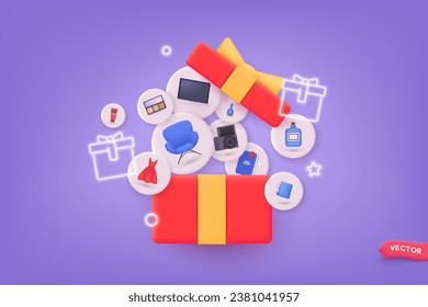 Open gift box with different items. Online shopping concept. sale promotion banner. 3d vector illustration