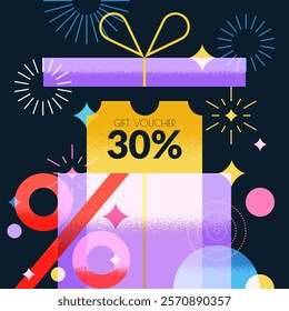 Open gift box with discount coupon. Sale promotion banner poster greeting card design template. Vector geometric colorful flat illustration