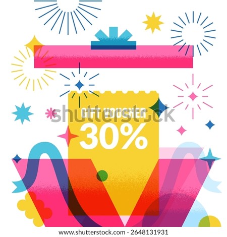 Open gift box with discount coupon. Vector flat geometric illustration for sale, promotion, greeting card, or banner design. Perfect for marketing, retail offers and holiday campaigns