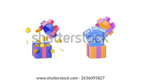 Open gift box with discount coupons and another one with golden coins spilling out. Loyalty program for bonus, cashback, and special deal concept.