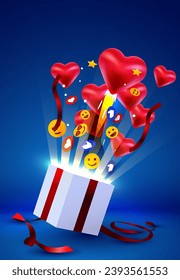 Open gift box with emoji and hearts explosion. Social media marketing. Vector illustration