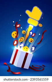 Open gift box with emoji and thumb explosion. Social media marketing. Vector illustration