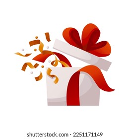 Open gift box with exploded gold confetti. Unfolded surprise giftbox with ribbon. Enter to Win Prizes. Birthday party, celebration, holiday, event, festive, congratulations concept. Cartoon vector