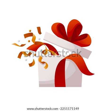 Open gift box with exploded gold confetti. Unfolded surprise giftbox with ribbon. Enter to Win Prizes. Birthday party, celebration, holiday, event, festive, congratulations concept. Cartoon vector