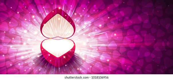 Open gift box with exploding firework of glitters and hearts on light rays. Greeting card illustration for Wedding, Valentines day. Vector background banner for a love postcard. Flyer leaflet 8.5x3.66