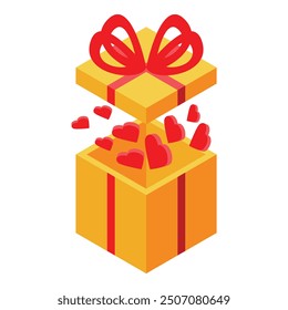 Open gift box exploding with love hearts isometric icon