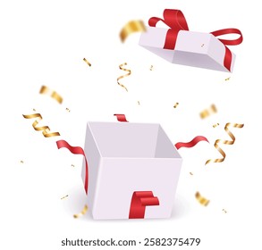 Open Gift Box With Falling Confetti. Present box for birthday, Christmas and New Years 